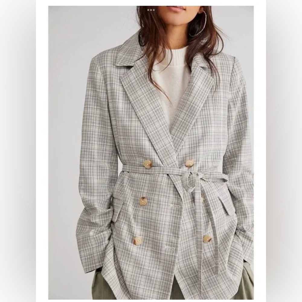 Free People Olivia Plaid Belted Blazer Long Sleeve Size M